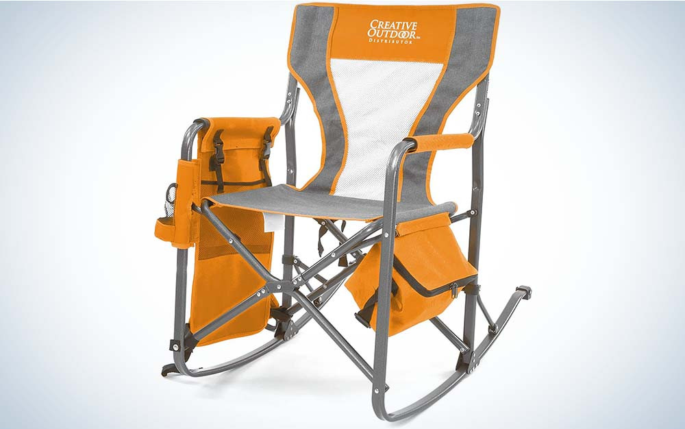 The Creative Outdoors Collapsible Director Rocking Chair provides ample storage with numerous pockets, enhancing convenience at your campsite.