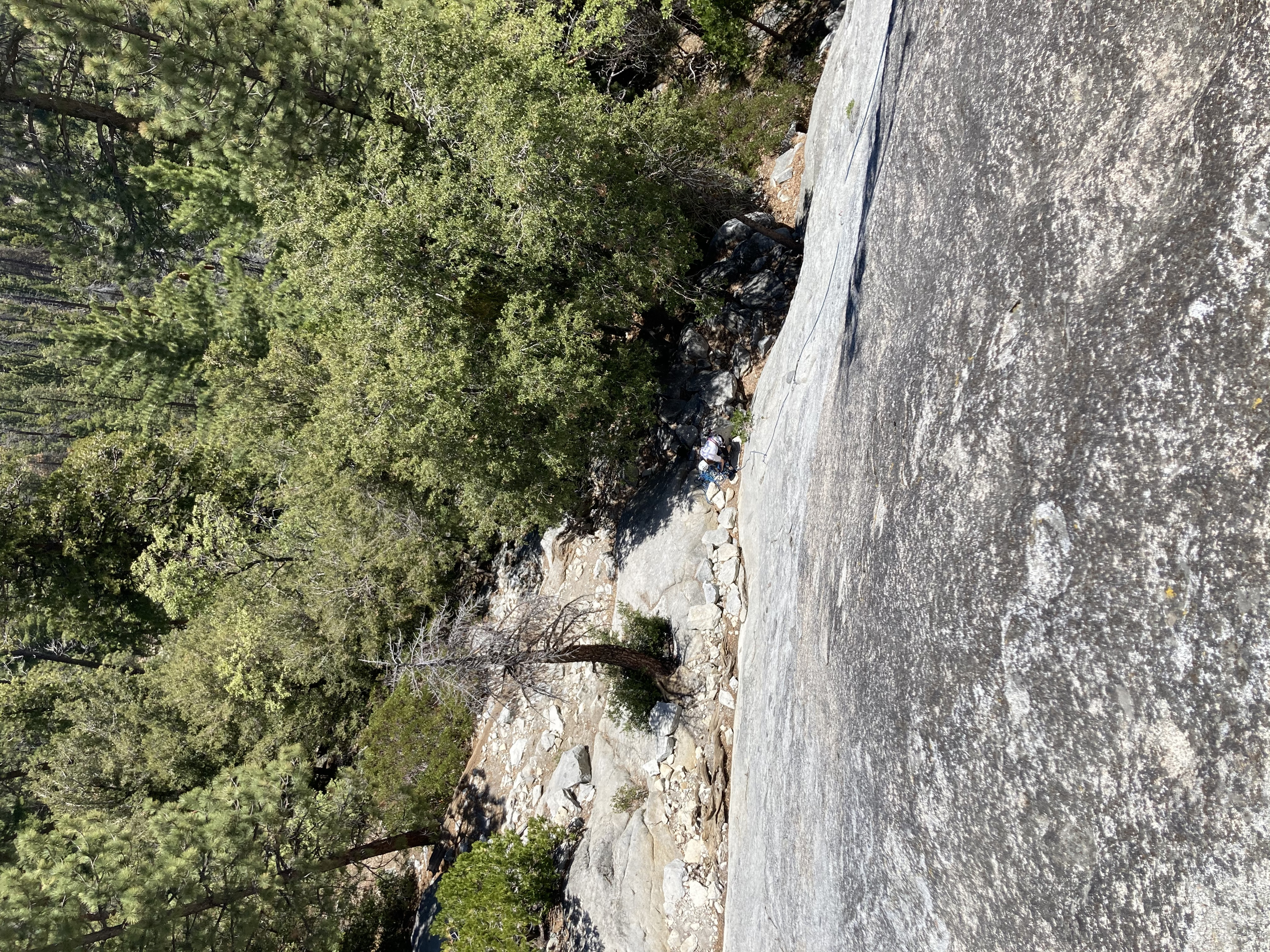 Looking down the first pitch of Tree Route from an alternate belay station on Dome Rock