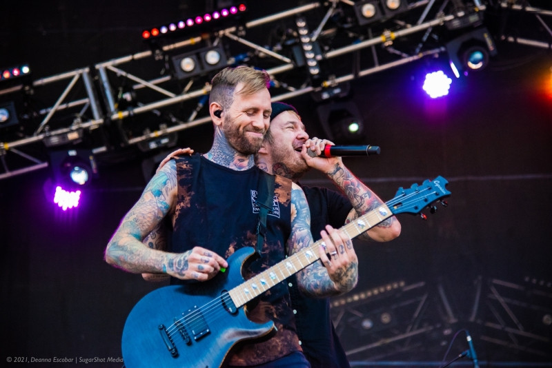 Jona Weinhofen and Craig Owens of D.R.U.G.S. performing at Blue Ridge Rock Festival Day 2. The two members of D.R.U.G.S. are performing together on stage.