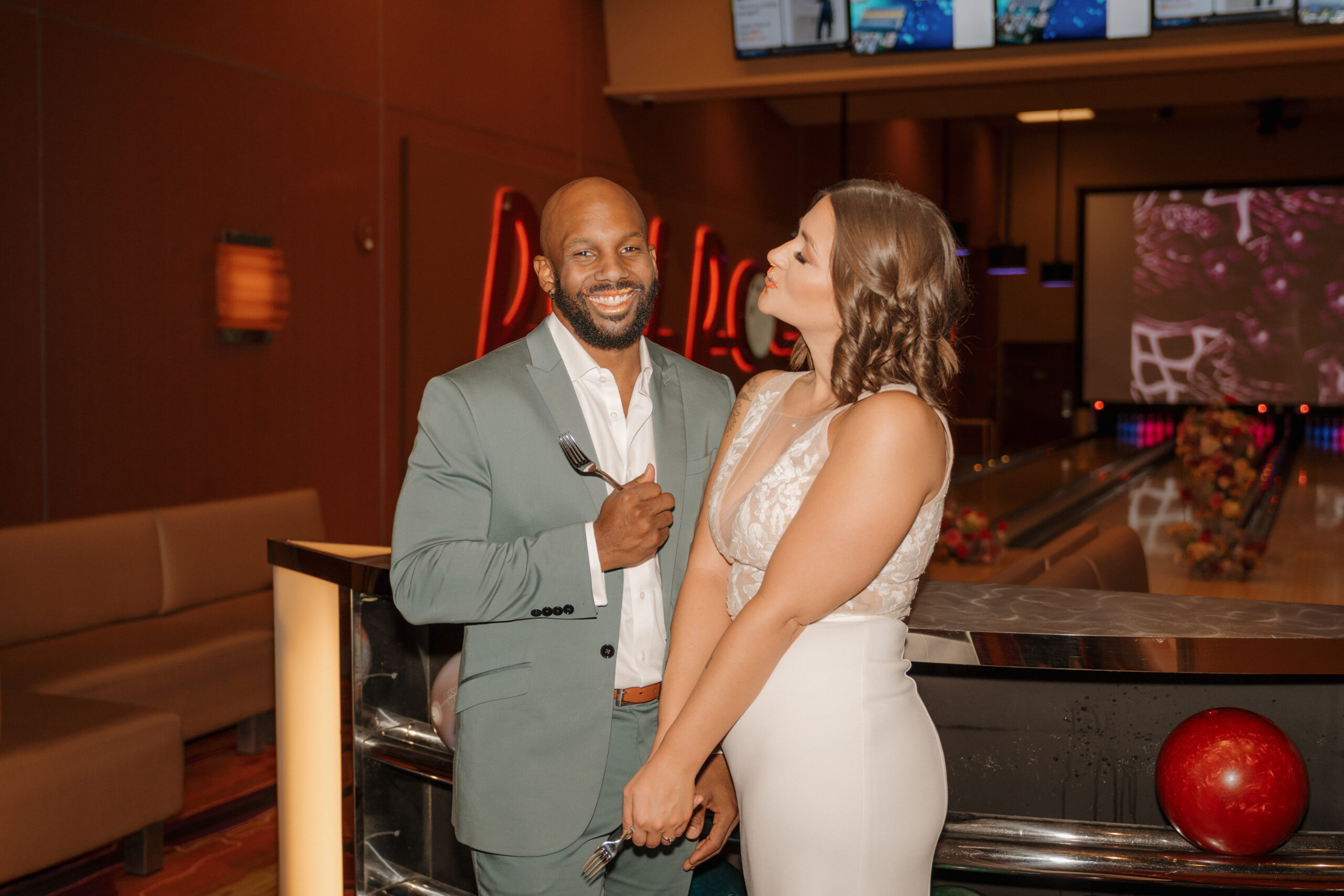 Close up of bride's smile at Red Rock Lanes bowling alley wedding