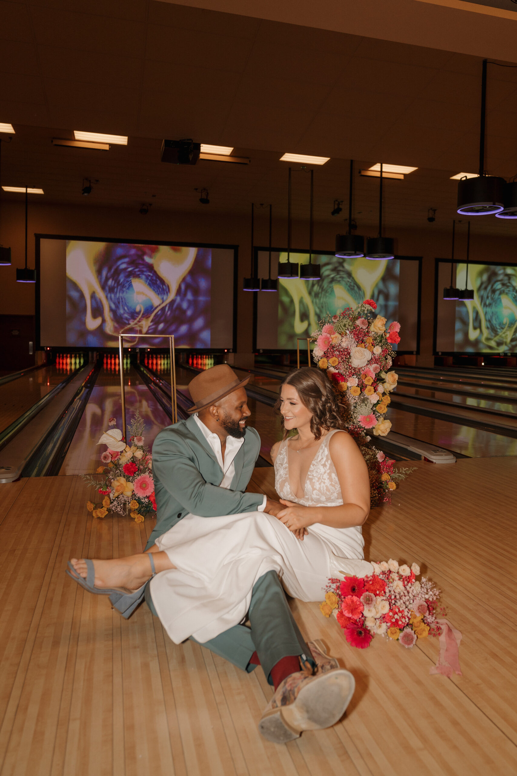 Close up of bride's floral bouquet at Red Rock Lanes elopement