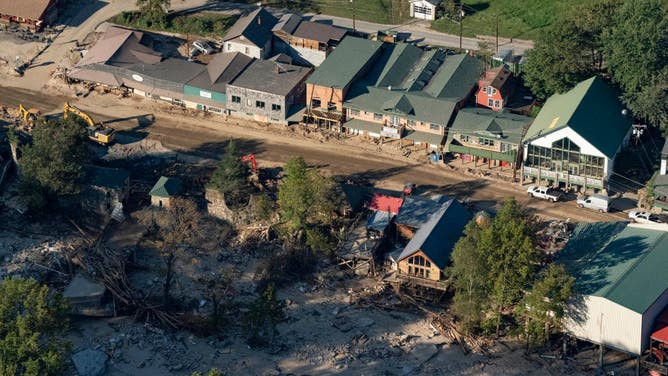 This aerial view shows destruction in Chimney Rock, North Carolina, on October 7, 2024 after the passage of Hurricane Helene.