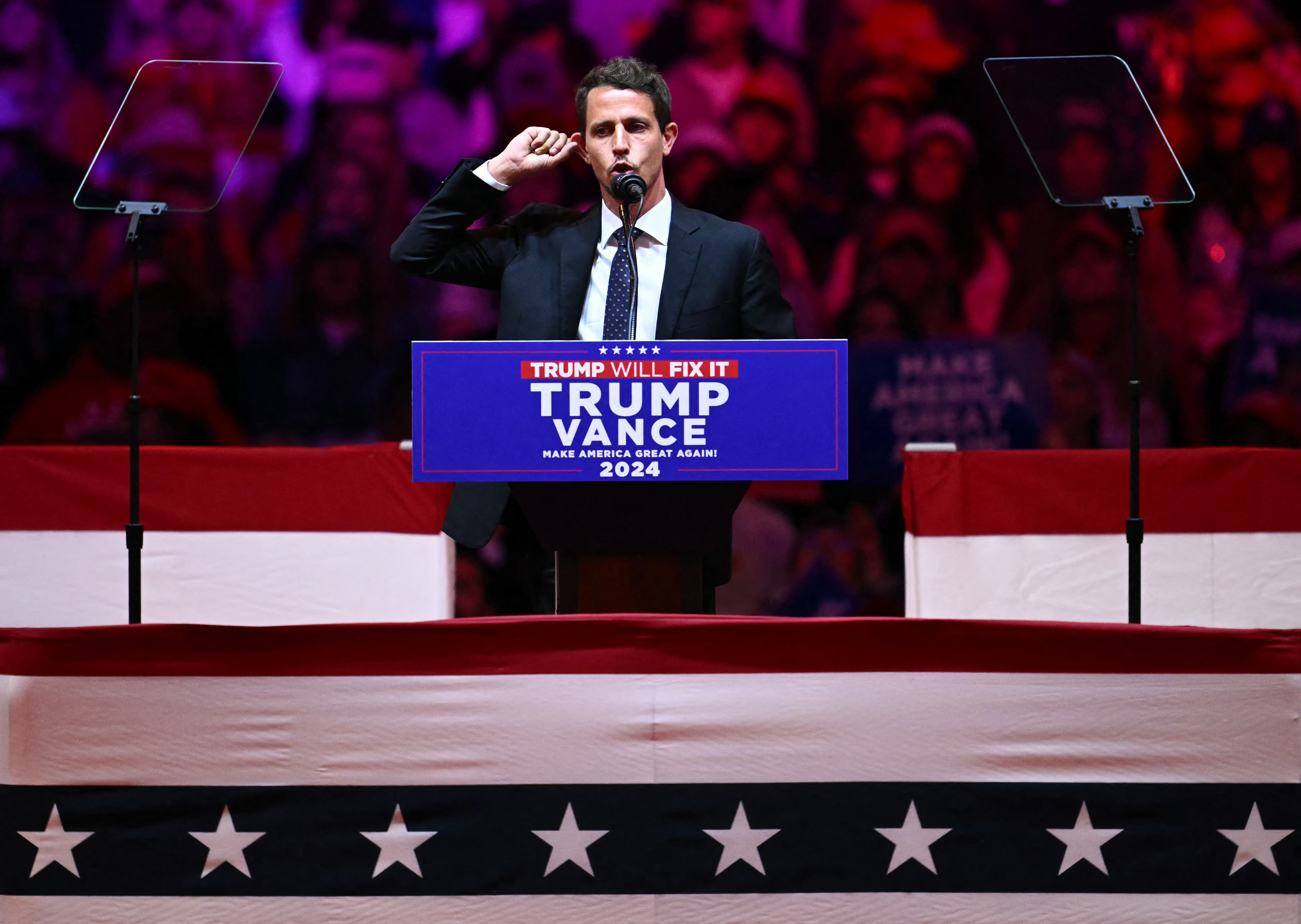 Comedian Tony Hinchcliffe performing stand-up