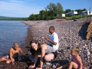 Kristi and family rock picking at Little Girls Point