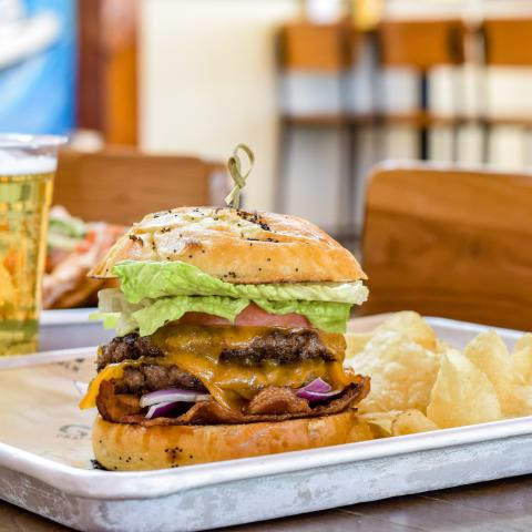A juicy Grain-on-the-Rocks Burger at the Lewes DE Cape May-Lewes Ferry Terminal restaurant