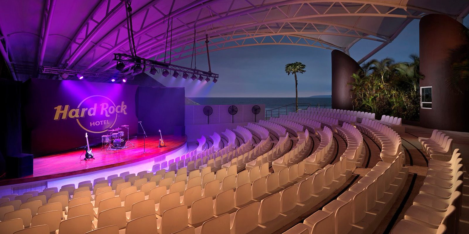 Evening entertainment at Hard Rock Hotel Vallarta, Mexico, featuring live performances and shows in the amphitheater.