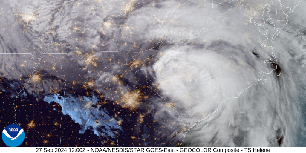 A satellite image of Tropical Storm Helene over the Carolinas on Friday, September 27