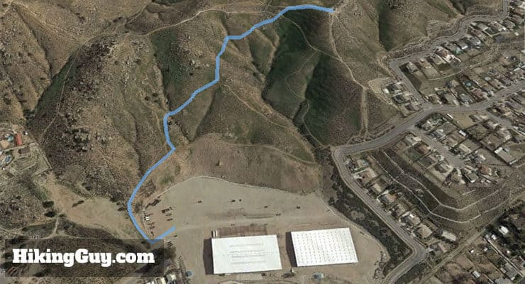 3D Map of Pumpkin Rock Hike Trail: A 3D trail map visualizing the route to Pumpkin Rock, starting from the equestrian center and ascending through Norco Hills.