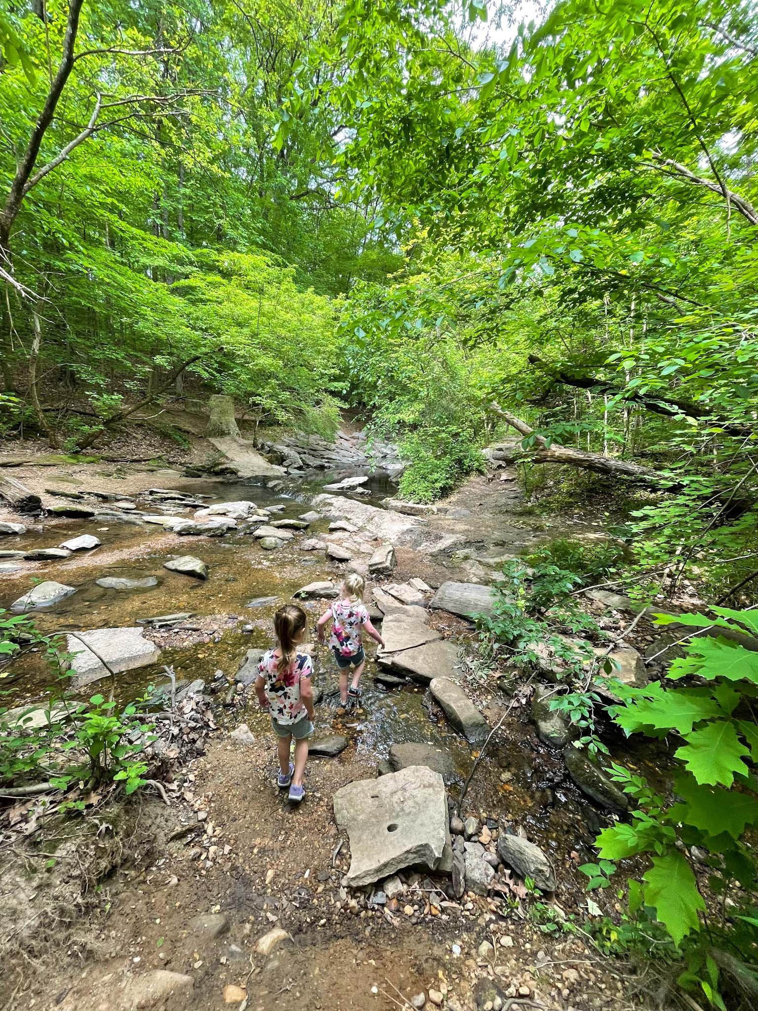 alt text: Child exploring large rocks in stream at double rock park