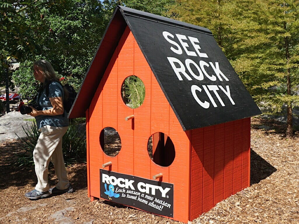 Iconic "See Rock City" birdhouse perched amongst natural foliage