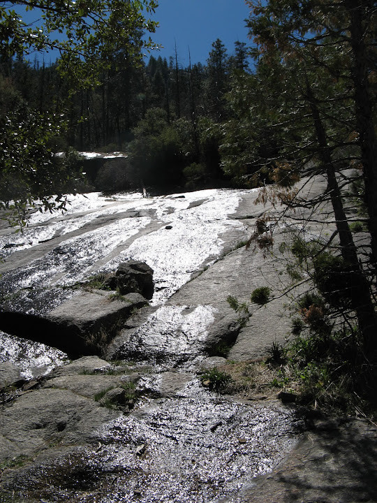 Moonlight Rock glistening with moisture, possibly the origin of its name, highlighting the rock's reflective surface in Yosemite's environment.