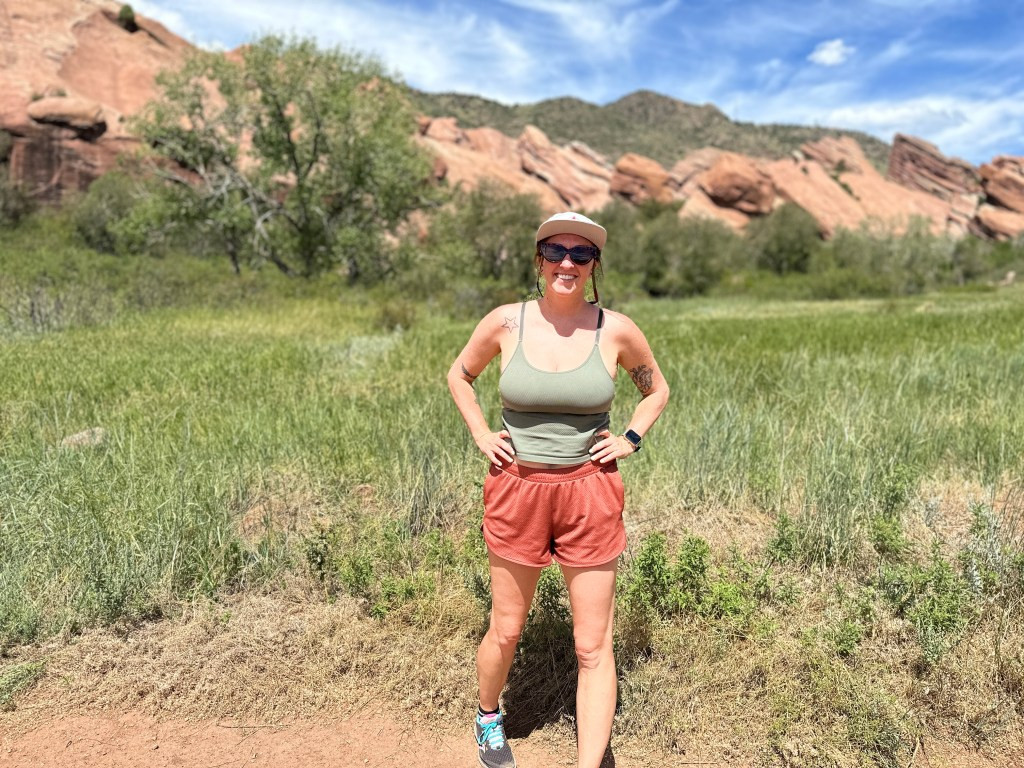 The author hiking the Trading Post Trail, showcasing appropriate hiking attire for the environment.