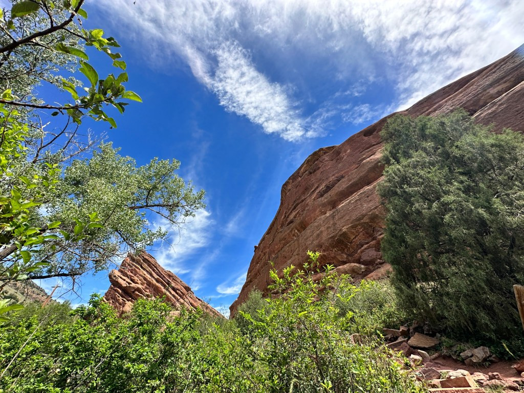 Close-up view of the Trading Post Trail, highlighting the red rock formations and the trail path winding alongside.