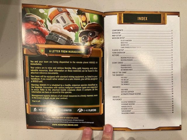 Deep Rock Galactic Board Game Rulebook Index Page -  First Page of the Rulebook Labeled as Index, More Like Table of Contents