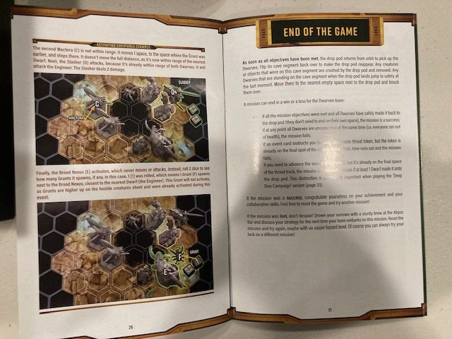 Deep Rock Galactic Board Game Rulebook End Game Conditions - Page Detailing Win and Loss Conditions in Deep Rock Galactic