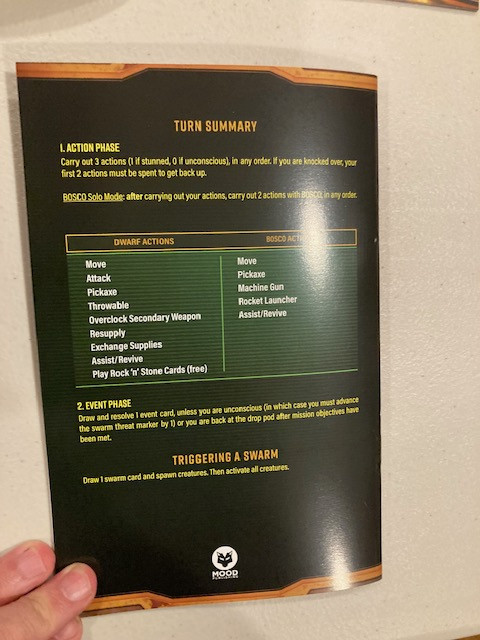 Deep Rock Galactic Board Game Rulebook Gameplay Summary -  Back of Rulebook Summarizing Game Phases in Deep Rock Galactic