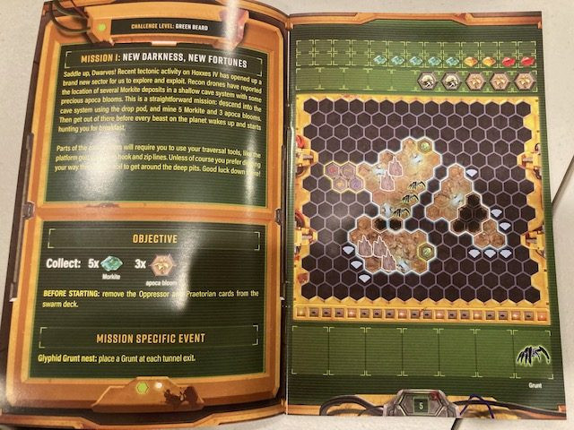 Deep Rock Galactic Board Game Mission Setup Example -  Mission Book Example Showing Game Setup for Deep Rock Galactic