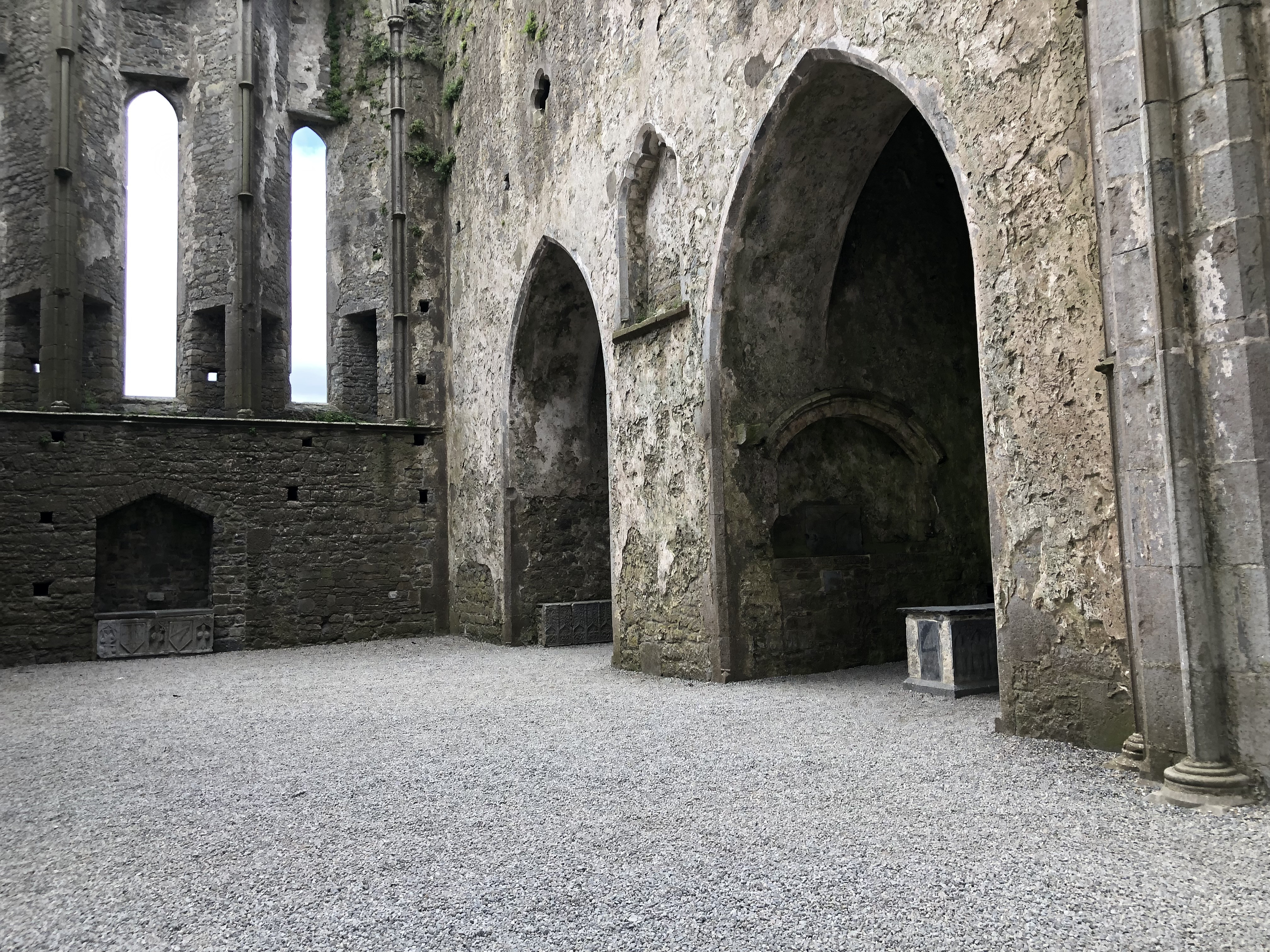 Another perspective of the weathered stone walls of the cathedral