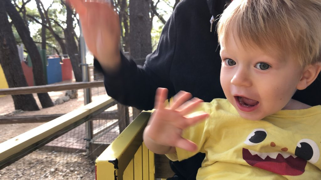 Kids waving during Cedar Rock Railroad ride at Williamson County Regional Park