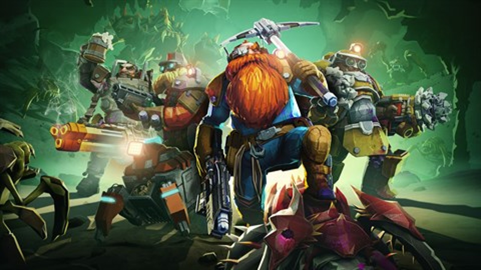 Deep Rock Galactic artwork highlighting crossplay in a multiplayer game.