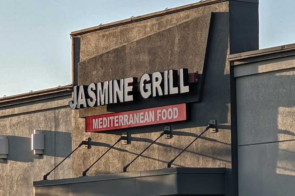 Jasmine Grill sign in Rock Hill SC, advertising its Mediterranean cuisine.