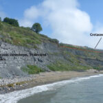 Fossil rock layers of Jurassic period visible at Church Cliffs, Lyme Regis, a prime location for fossil hunting.