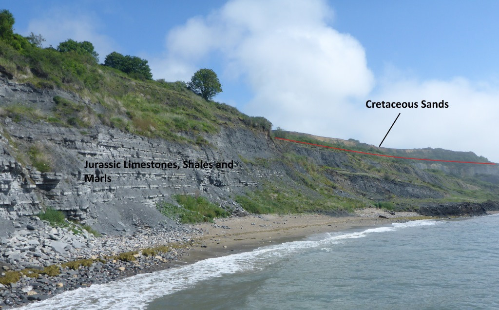 Fossil rock layers of Jurassic period visible at Church Cliffs, Lyme Regis, a prime location for fossil hunting.