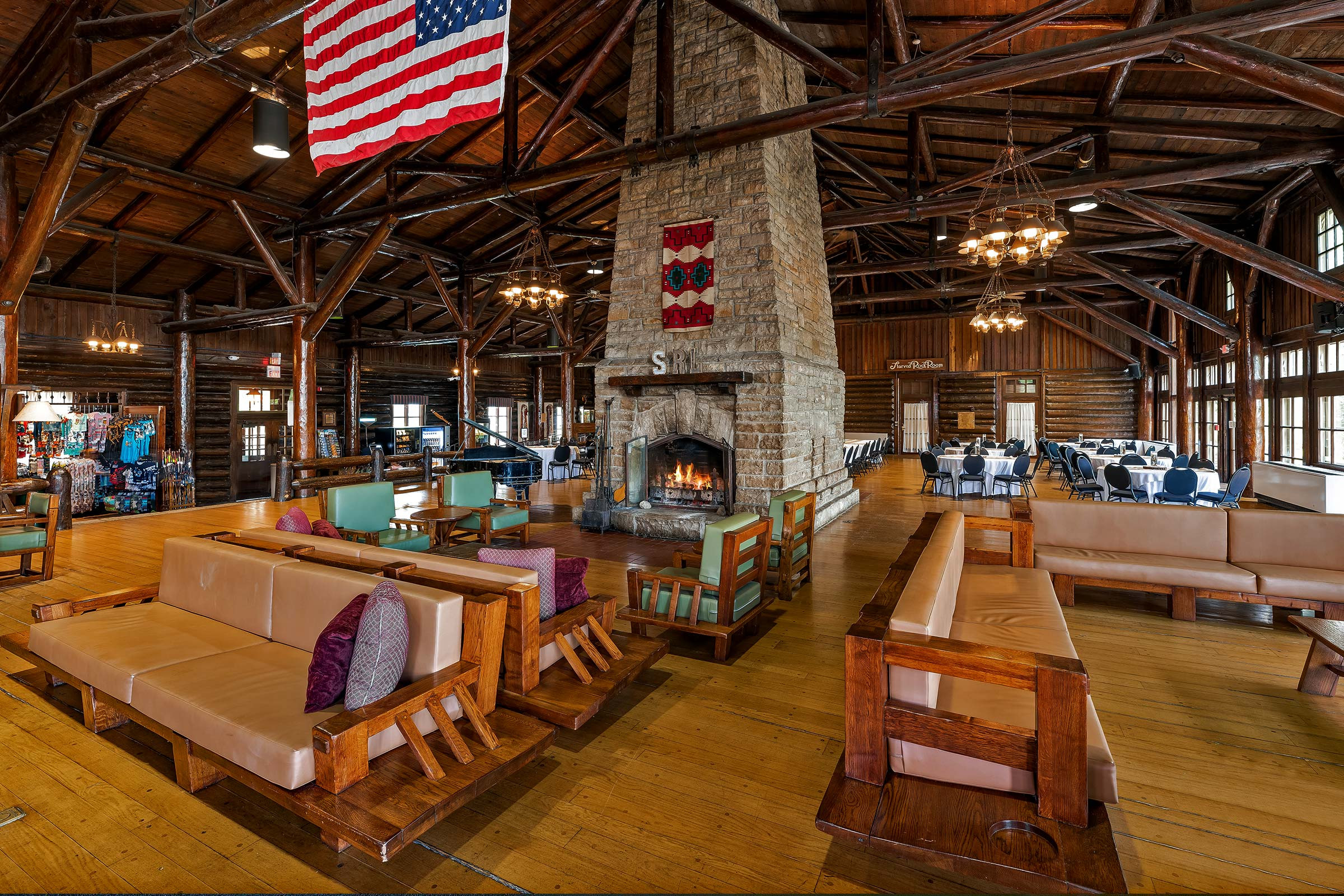 The historic Great Hall at Starved Rock Lodge, a beautiful space for gatherings and events within Starved Rock State Park.