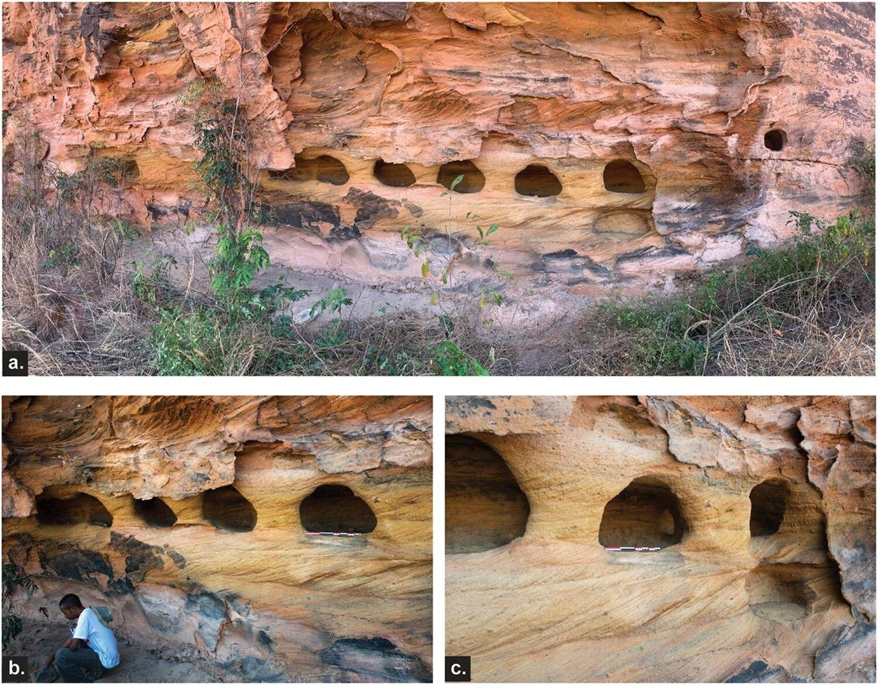 Detailed views of the rock-cut niches at Teniky, Madagascar, highlighting the intricate craftsmanship of this ancient architectural complex.