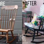 Before and after transformation of a rocking chair with a DIY upholstered cushion, highlighting the impact of new cushions