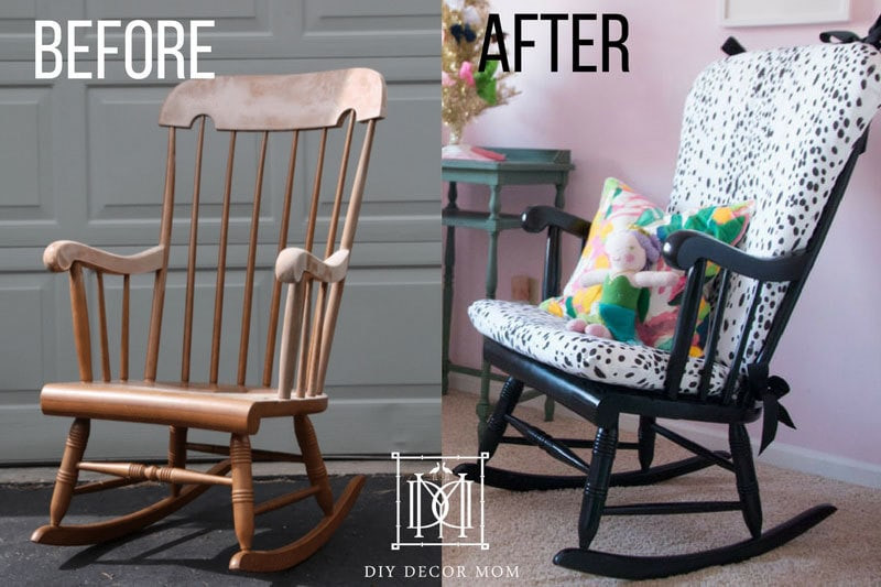 Before and after transformation of a rocking chair with a DIY upholstered cushion, highlighting the impact of new cushions