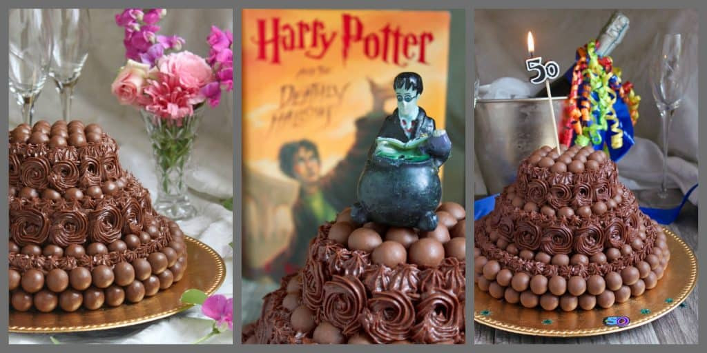 Image link to Malteser Cake recipe, showcasing a decorated Malteser cake with a Harry Potter theme for birthday celebrations