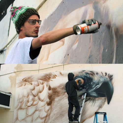 Artist Mantra Yoz at work on a mural