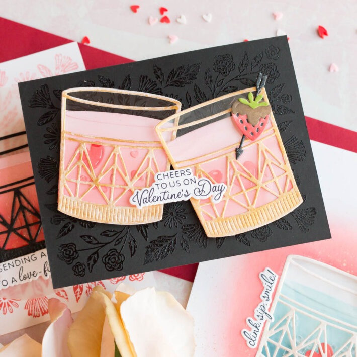 Ombre Valentine's Day card featuring a black tumbler with acetate ice cubes and pink liquid, using the Love On The Rocks collection.