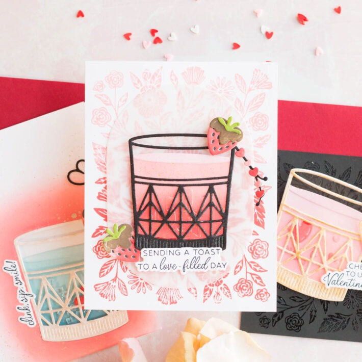 Layered Valentine's Day card with vellum oval, black tumbler, acetate ice cubes, and pink ombre background, from the Love On The Rocks collection.