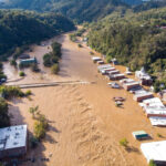 An aerial photo of flooding in downtown Marshall, NC