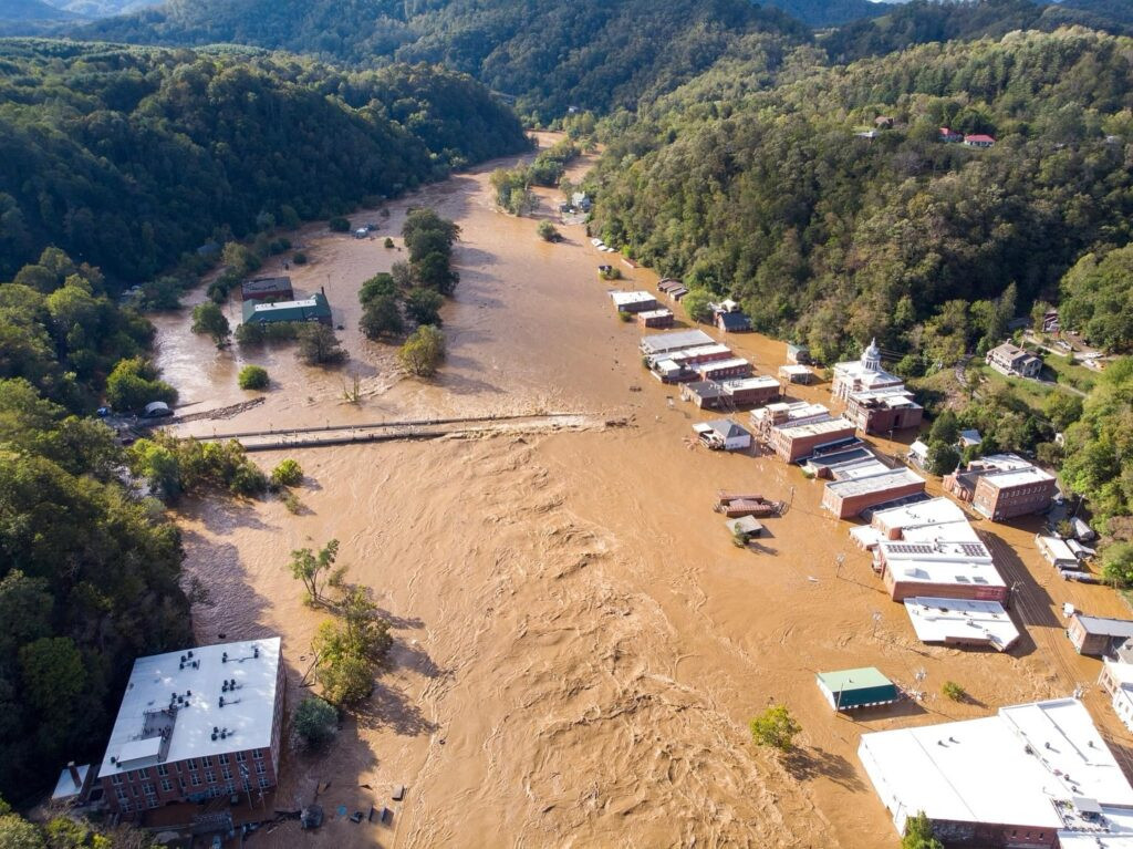 An aerial photo of flooding in downtown Marshall, NC