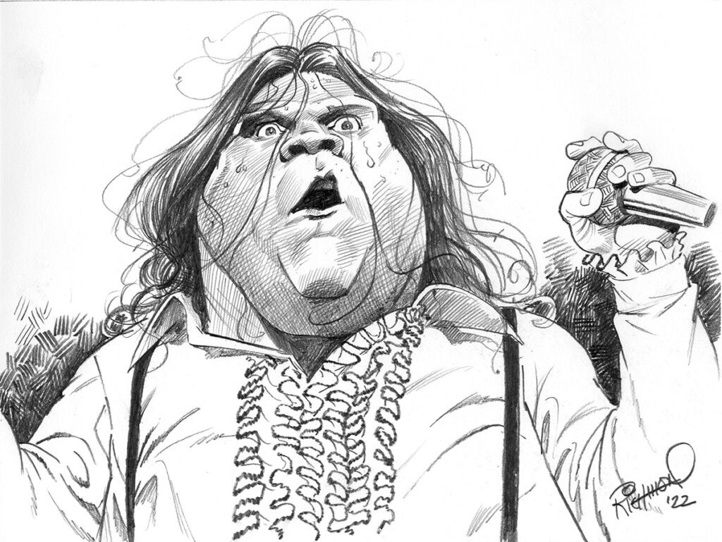 alt text: A rock drawing caricature of Meat Loaf with a dramatic expression, capturing his theatrical stage presence.