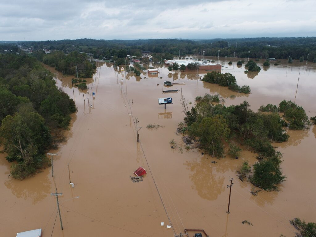 An aerial photo of flooding in Silver Creek after Helene