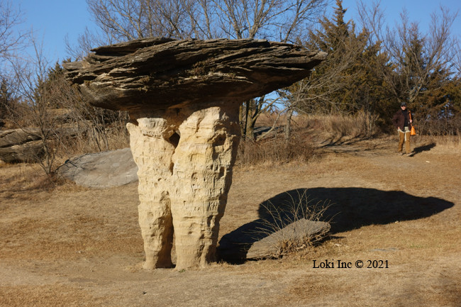 Mushroom Rock formation resembling a giant mushroom in Kansas landscape