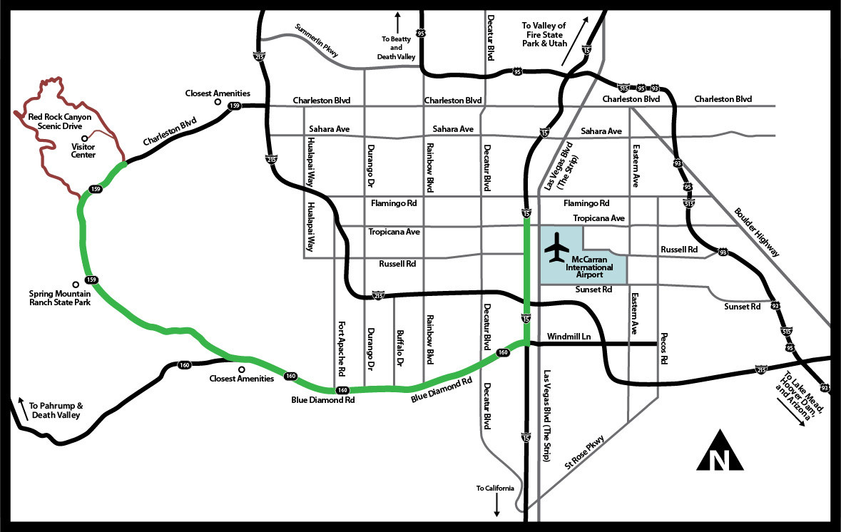 Map depicting driving directions to Red Rock Canyon from State Route 160