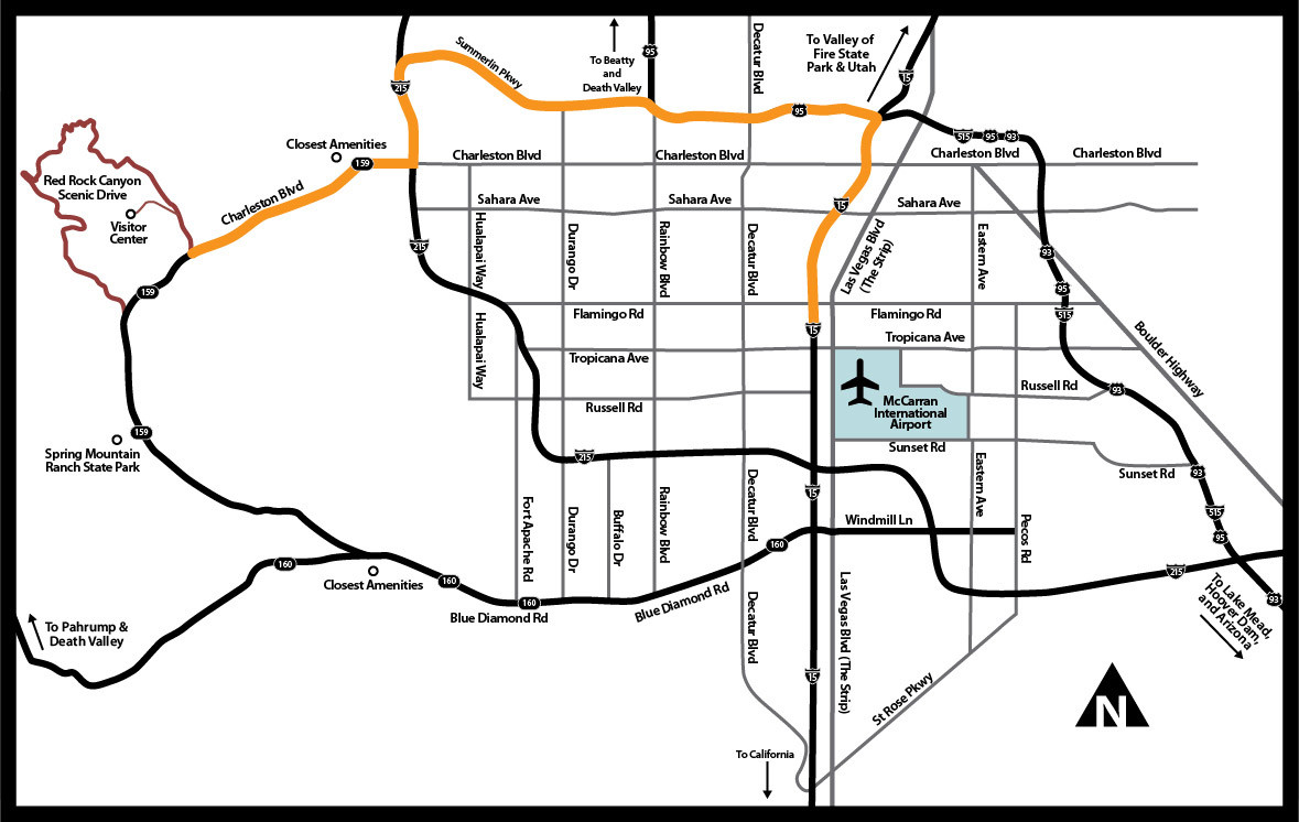 Map illustrating driving directions to Red Rock Canyon from north of Russell Road