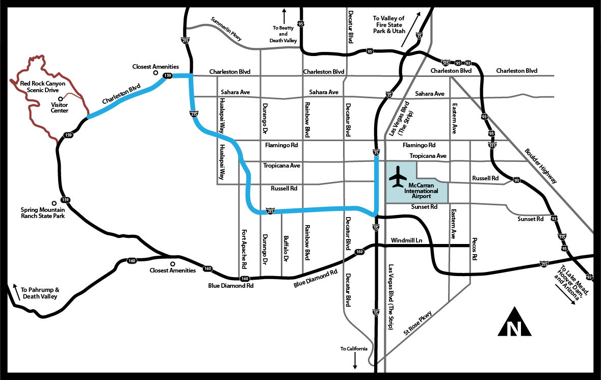 Aerial view driving directions to Red Rock Canyon from south of Russell Road, Las Vegas, highlighting highway exits and route to the conservation area entrance.