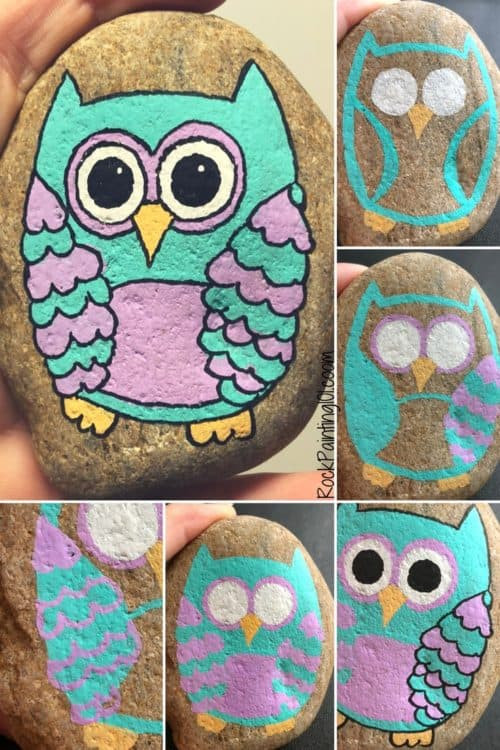 Charming owl painted rocks, showcasing a fun and easy craft using smooth rocks perfect for rock painting.