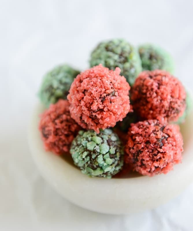 Close-up of Pop Rocks candies on chocolate truffles.