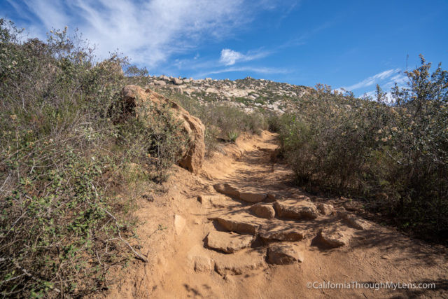 Well-maintained rock stairs on the Potato Chip Rock trail, assisting hikers through steep sections of the ascent in Poway, California.