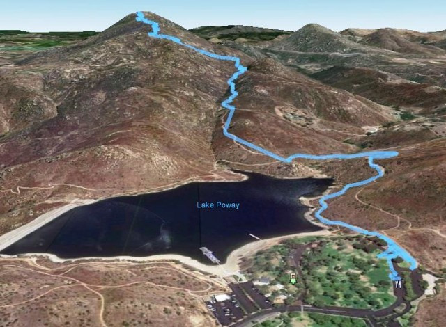 Google Earth view of the Potato Chip Rock hiking trail, illustrating the winding path and elevation gain from Lake Poway to the summit.