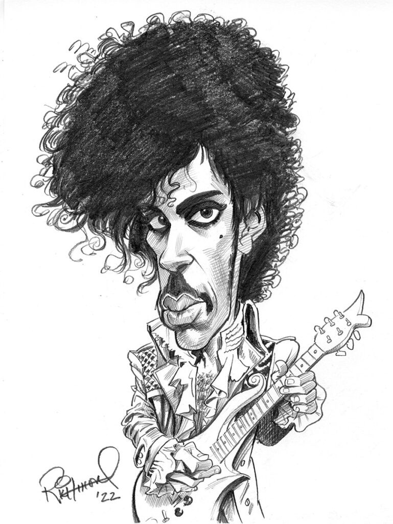 alt text: Rock drawing caricature of Prince in his signature purple outfit, highlighting his flamboyant style.