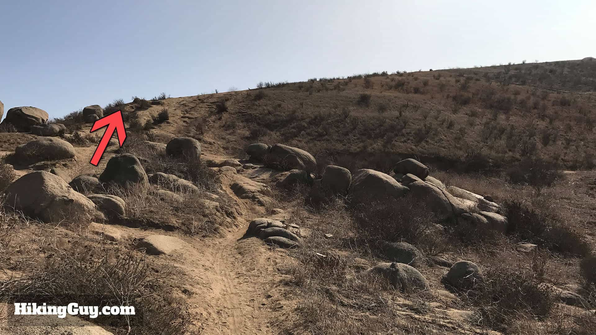 Final Stretch to Pumpkin Rock: At the next major intersection with boulders, proceed straight up the final hill towards Pumpkin Rock.