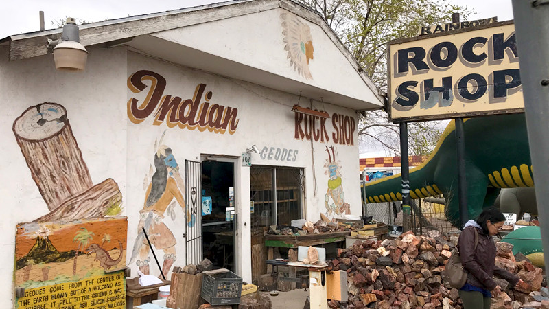 Rainbow Rock Shop in Holbrook, Arizona, featuring large dinosaur statues, signage, and a building, under a bright sky